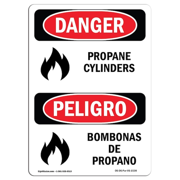Safety Sign, OSHA Danger, 5" Height, Propane Cylinders With Symbol, Bilingual Spanish, 10PK